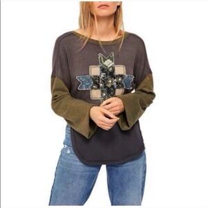 We the Free Free‎ People Womens Gray Green Waffle Knit Patch Long Sleeve Top XS